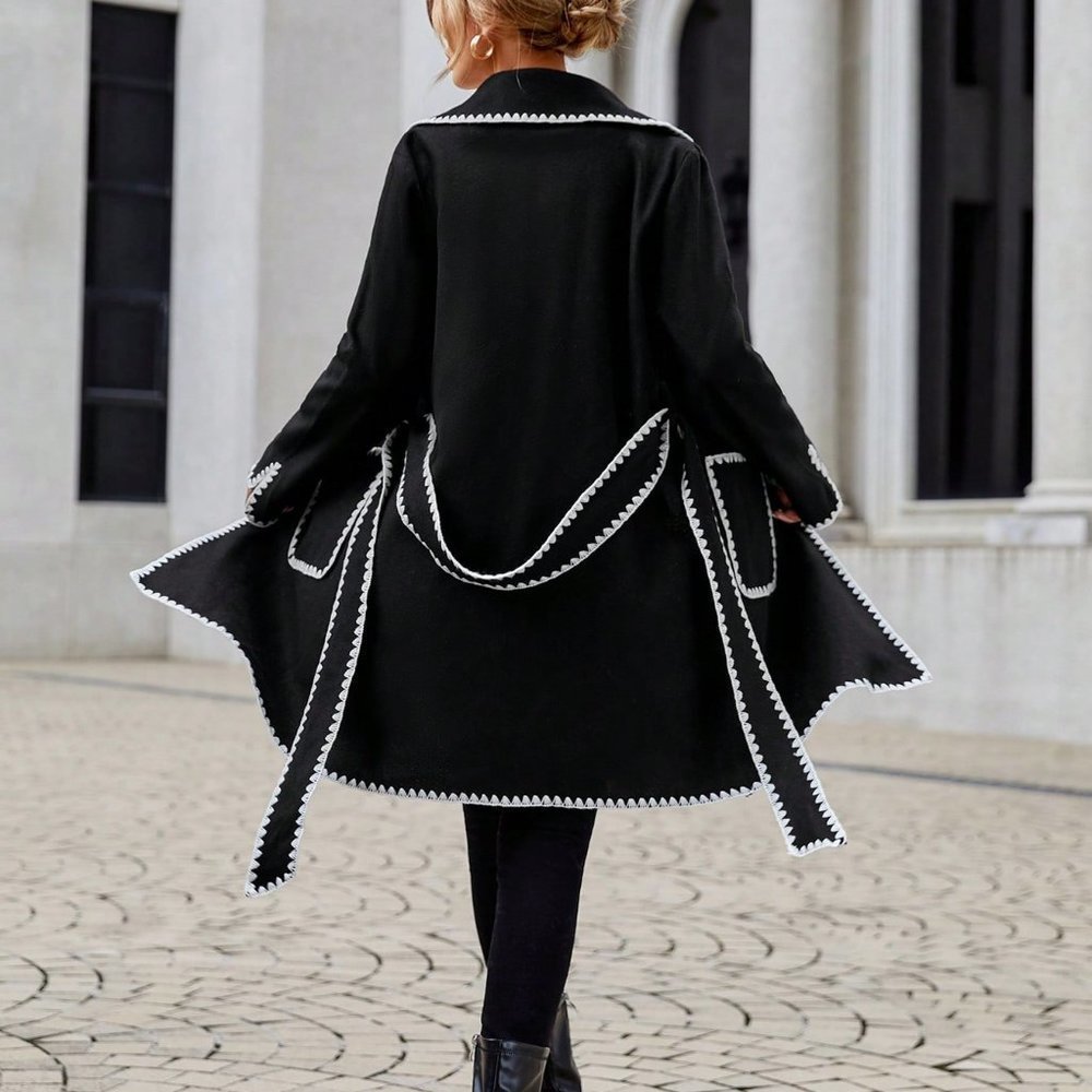 Black Elegant Womens  Contrast Binding Lapel Neck Belted Overcoat - Picture 4 of 5